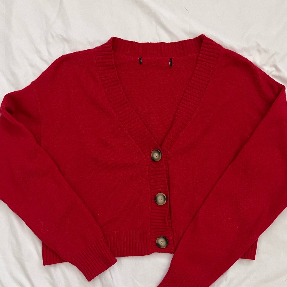Red cropped cardigan